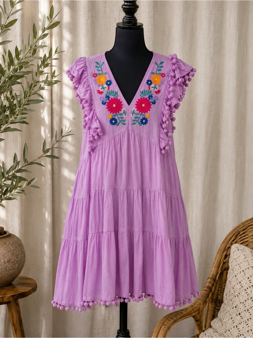 160🌟 Umgee Embroidered Boho Tiered Dress | Lilac | Pom Pom Trim | Size Large | N